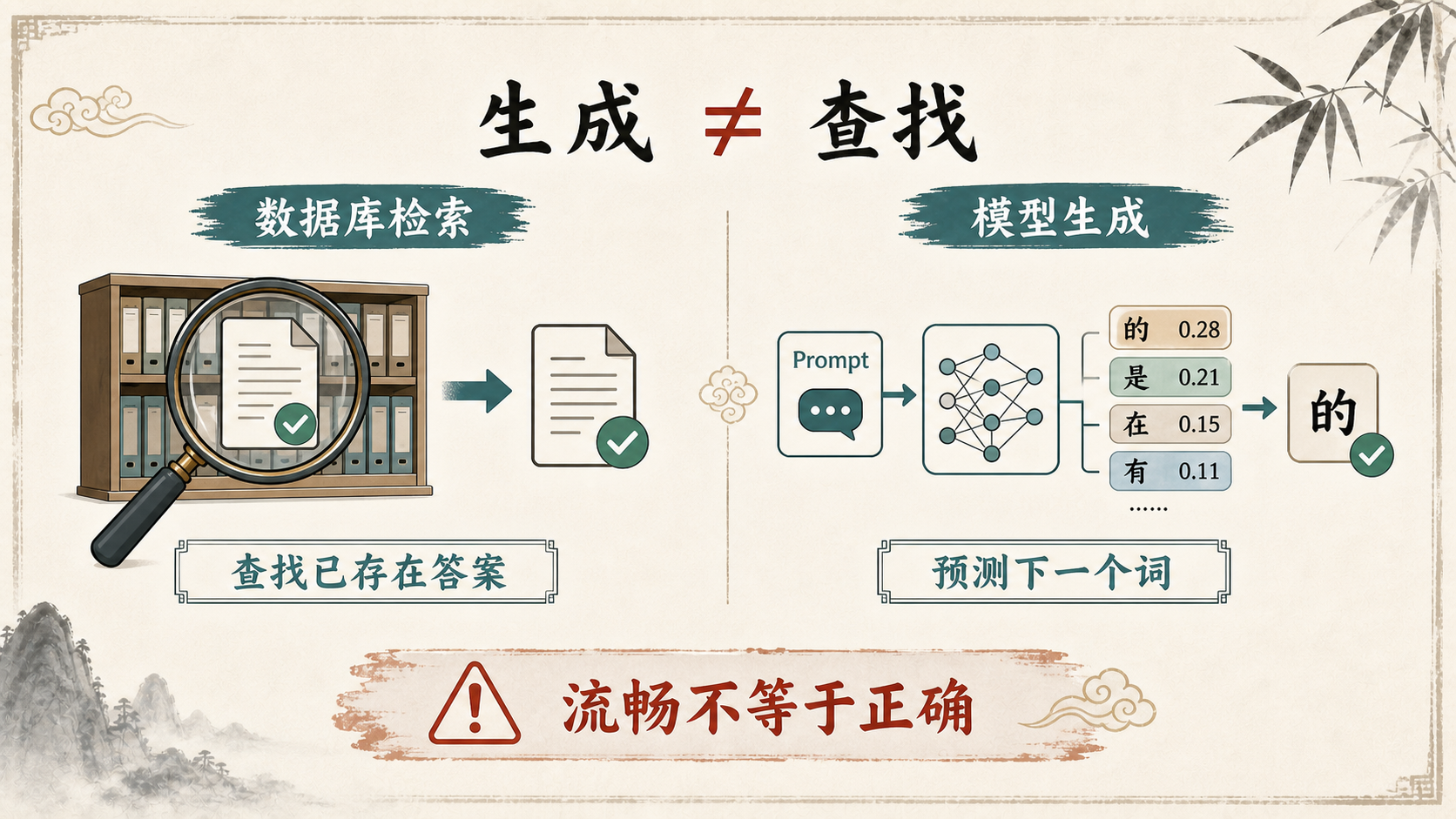 生成不等于查找：数据库检索与模型生成的区别