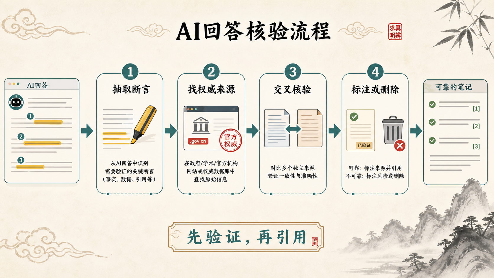 AI回答核验流程：抽取断言、找权威来源、交叉核验、标注或删除