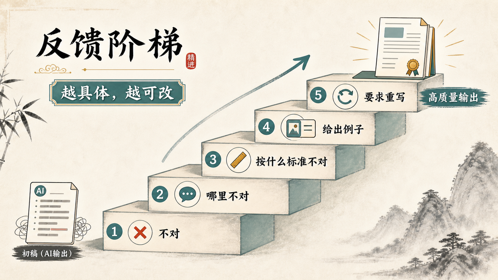 反馈阶梯：不对、哪里不对、按什么标准不对、给出例子、要求重写