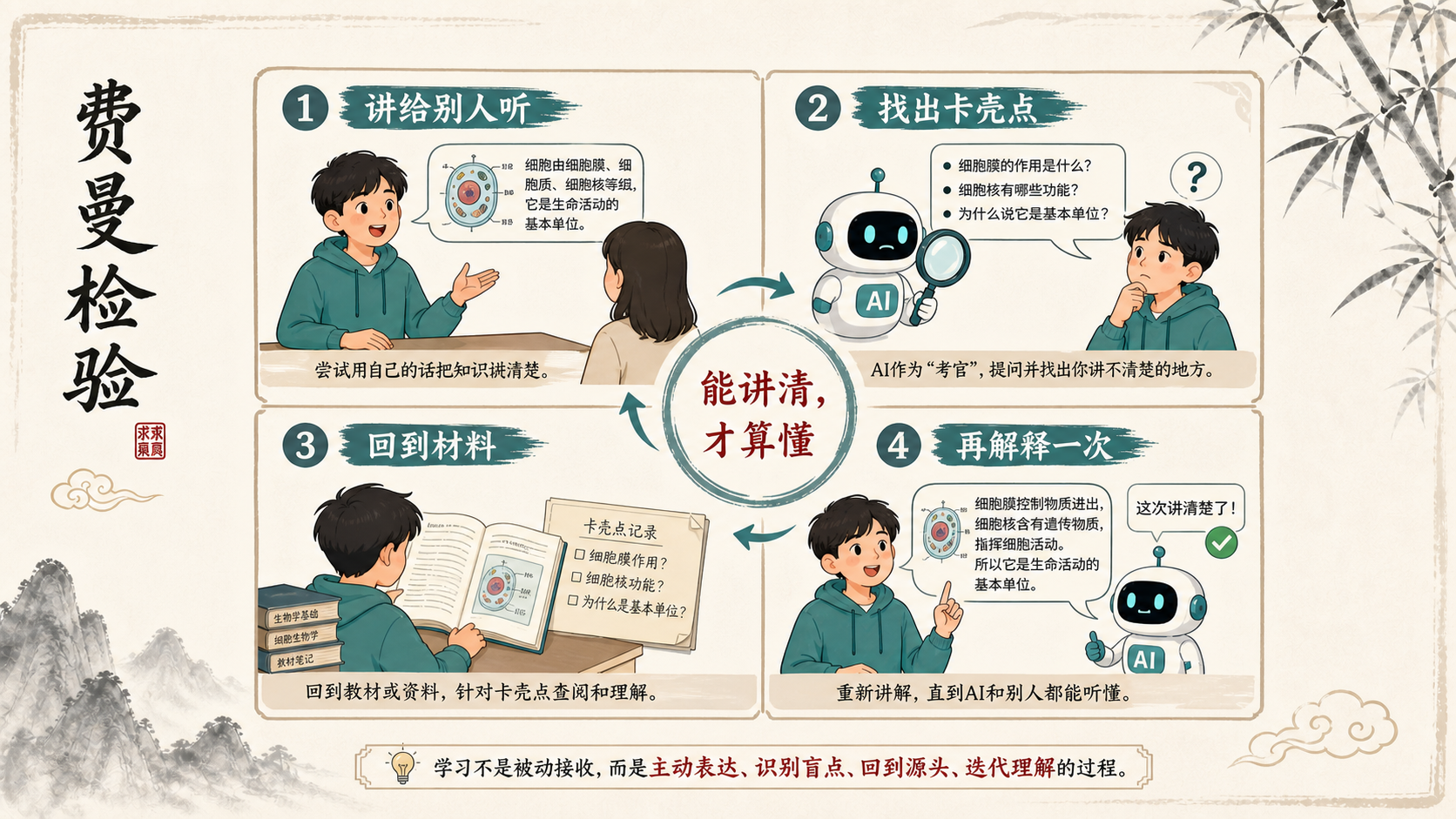 费曼检验：讲给别人听、找出卡壳点、回到材料、再解释一次