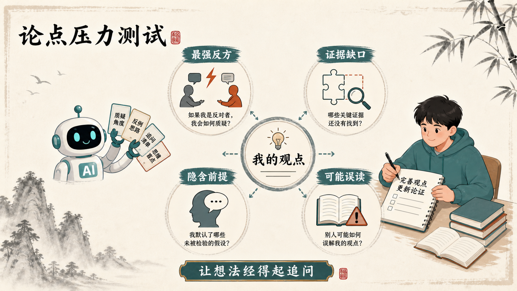 论点压力测试：最强反方、证据缺口、隐含前提、可能误读