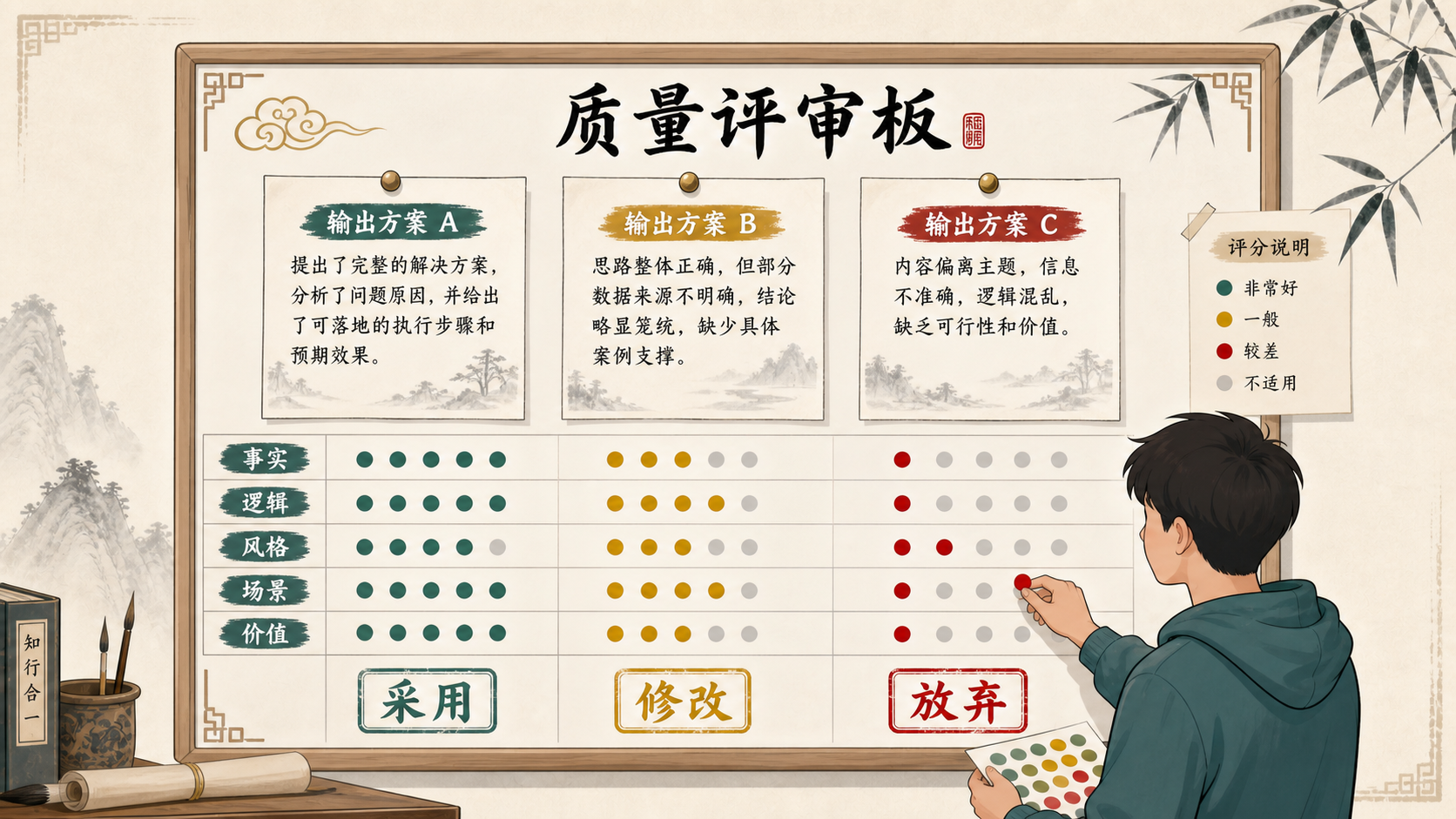 质量评审板:事实、逻辑、风格、场景、价值