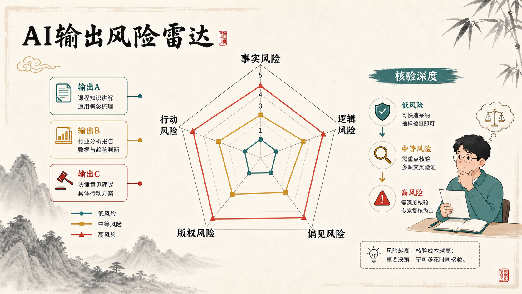 AI输出风险雷达：事实、逻辑、偏见、版权、行动风险