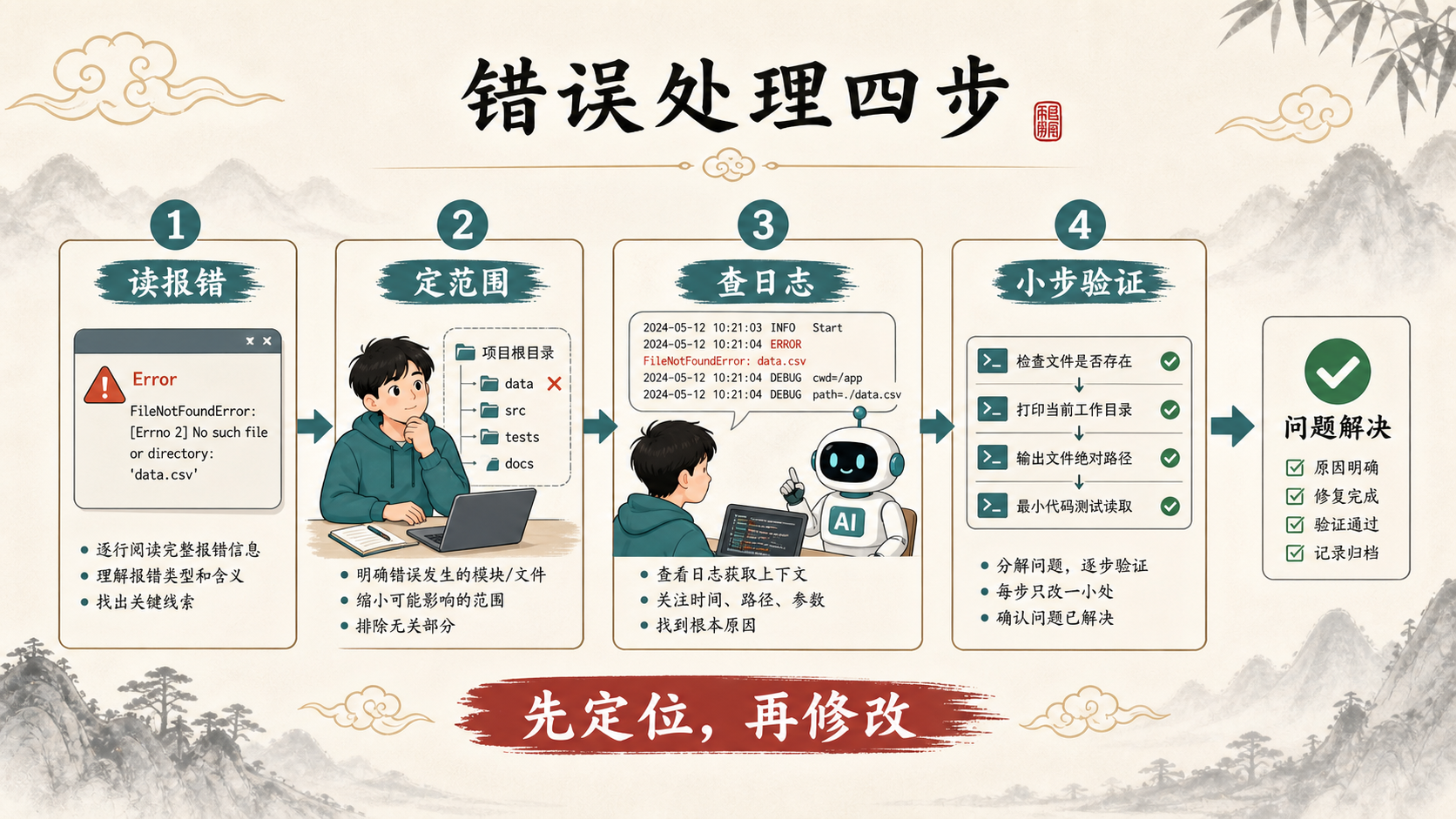 错误处理四步：读报错、定范围、查日志、小步验证
