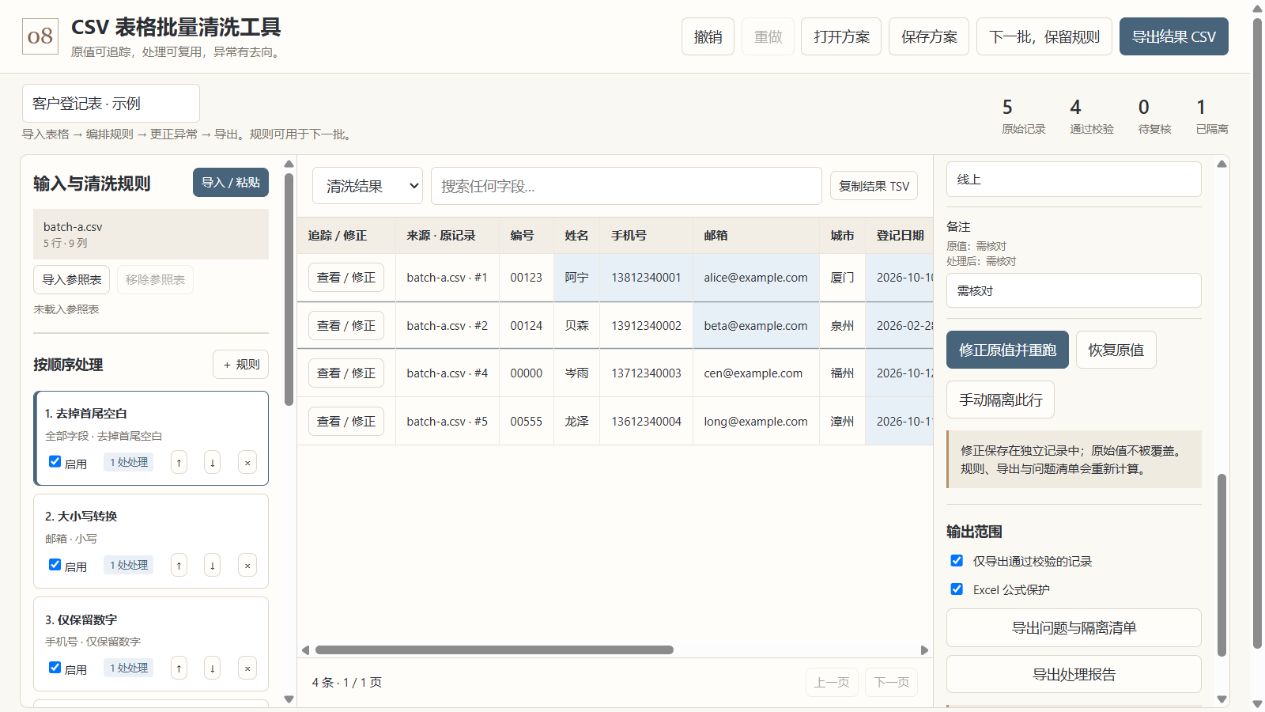 CSV表格批量清洗工具实际绘制画面